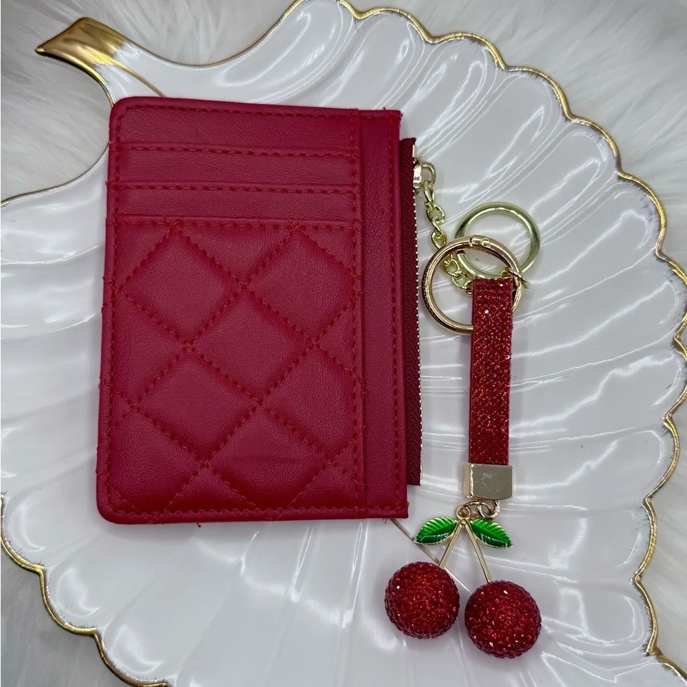 Red Quilted Card Holder Wallet w/ Cherry Rhinestone Keychain Zipper Coin